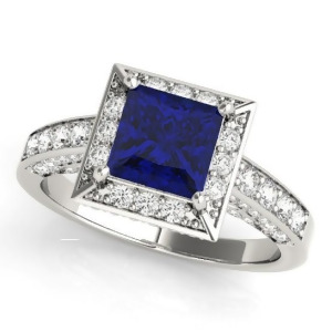 Princess Blue Sapphire and Diamond Engagement Ring 18K White Gold 1.20ct - All