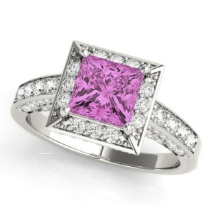 Princess Pink Sapphire and Diamond Engagement Ring 14K White Gold 1.20ct - All