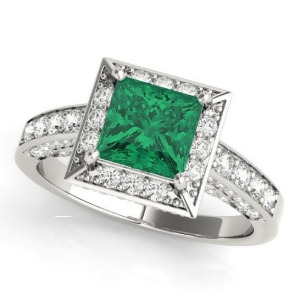 Princess Emerald and Diamond Engagement Ring 14K White Gold 1.20ct - All