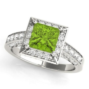 Princess Peridot and Diamond Engagement Ring 14K White Gold 1.20ct - All