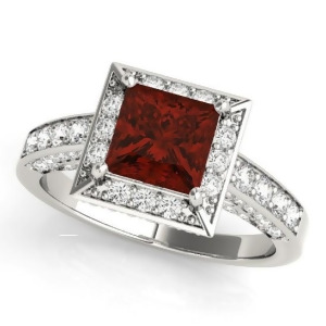 Princess Garnet and Diamond Engagement Ring 14K White Gold 2.20ct - All