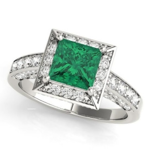 Princess Emerald and Diamond Engagement Ring 18K White Gold 2.25ct - All