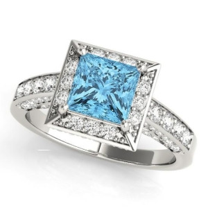 Princess Blue Topaz and Diamond Engagement Ring 14K White Gold 1.20ct - All