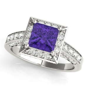 Princess Tanzanite and Diamond Engagement Ring 18K White Gold 1.20ct - All