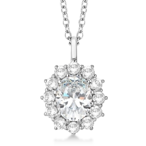 Oval Moissanite and Diamond Pendant Necklace 14k White Gold 3.60ctw - All