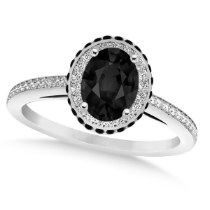 Oval Black and White Diamond Halo Engagement Ring 14k White Gold 1.71ct - All