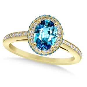 Oval Blue Topaz and Diamond Halo Engagement Ring 14k Yellow Gold 2.10ct - All