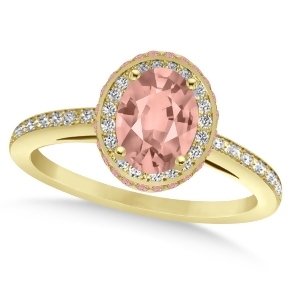 Oval Morganite and Diamond Halo Engagement Ring 14k Yellow Gold 2.30ct - All