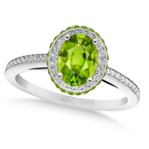 Oval Peridot and Diamond Halo Engagement Ring 14k White Gold 1.85ct - All