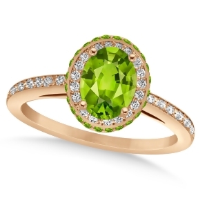 Oval Peridot and Diamond Halo Engagement Ring 14k Rose Gold 1.85ct - All
