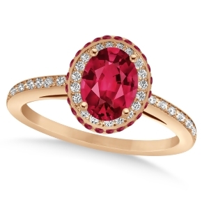 Oval Ruby and Diamond Halo Engagement Ring 14k Rose Gold 2.00ct - All