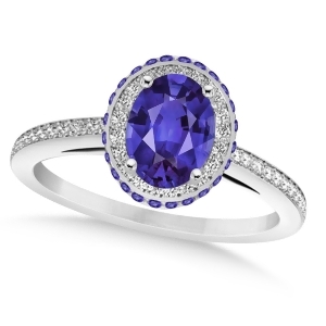 Oval Tanzanite and Diamond Halo Engagement Ring 14k White Gold 2.00ct - All