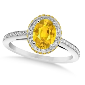 Oval Yellow Sapphire and Diamond Halo Engagement Ring 14k White Gold 2.00ct - All