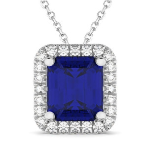Emerald-cut Blue Sapphire and Diamond Pendant 14k White Gold 3.11ct - All