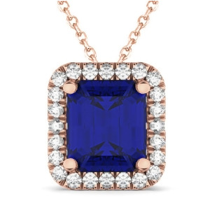Emerald-cut Blue Sapphire and Diamond Pendant 14k Rose Gold 3.11ct - All