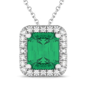 Emerald-cut Emerald and Diamond Pendant 14k White Gold 3.11ct - All