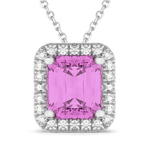 Emerald-cut Pink Sapphire and Diamond Pendant 18k White Gold 3.11ct - All