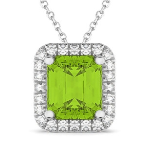 Emerald-cut Peridot and Diamond Pendant 14k White Gold 3.11ct - All