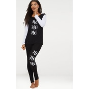 Black HO HO HO Long Sleeve Christmas PJ Set, Black Black HO HO HO Long Sleeve Christmas PJ Set, Black