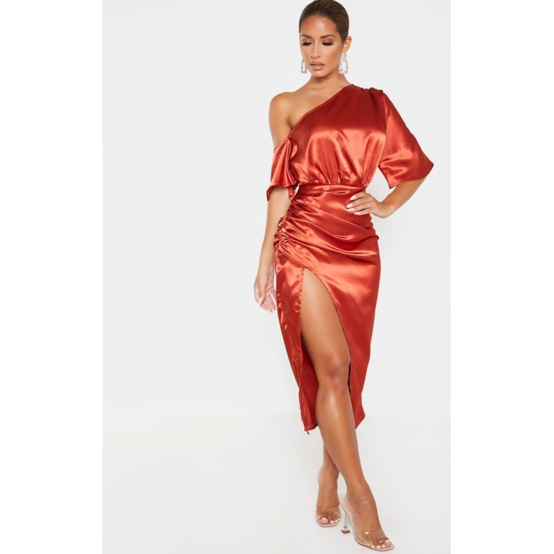 rust satin midi dress