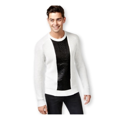 I-N-C Mens Faux Leather Cable Knit Pullover Sweater, Style # 5N450GH540 