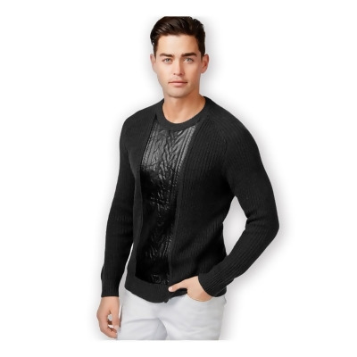 I-N-C Mens faux Leather Cable Knit Pullover Sweater, Style # 5N450BL540 