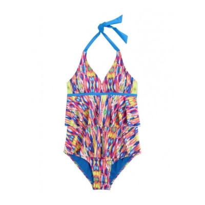 Justice Girls Tie Dye Ruffle One Piece Halter Top Swimsuit, Style # 6728 