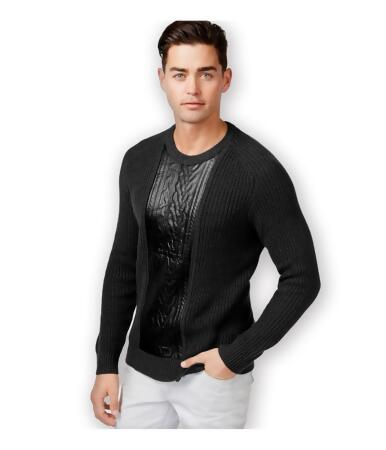 I-n-c Mens Faux Leather Cable Knit Pullover Sweater - S