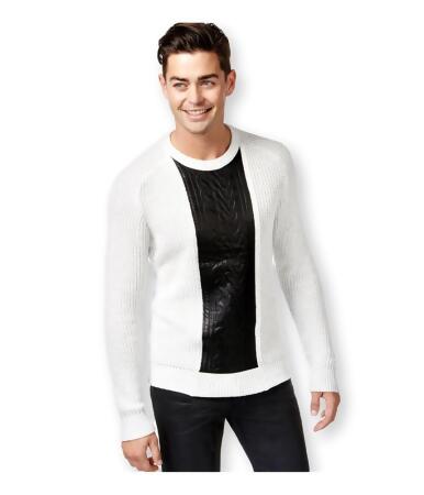 I-n-c Mens Faux Leather Cable Knit Pullover Sweater - S
