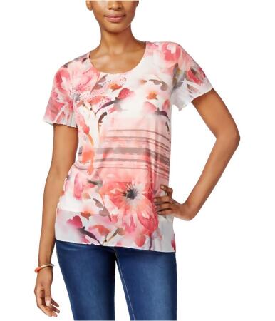 Jm Collection Womens Floral Beaded Embellished T-Shirt - S