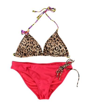 California Waves Womens Cheetah Floral Side Tie 2 Piece Bikini - L