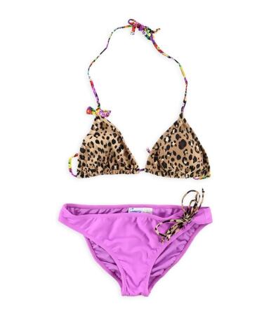 California Waves Womens Floral Cheetah Side Tie 2 Piece Bikini - L