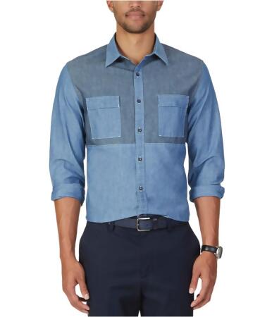 Nautica Mens Colorblocked Chambray Button Up Shirt - L