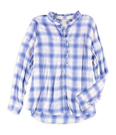 Maison Jules Womens Ruffle Plaid Button Up Shirt - L