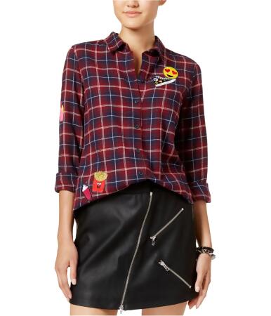 Polly Esther Womens Plaid Fleece Button Up Shirt - S