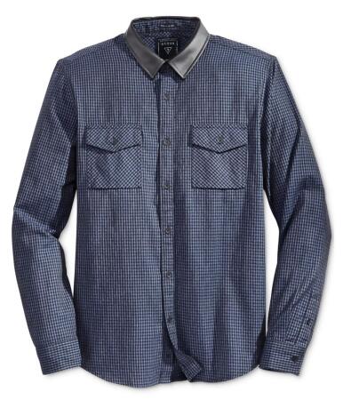 Guess Mens Faux-Leather Check Button Up Shirt - M