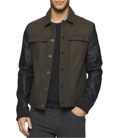 Calvin Klein Mens Leather-Sleeve Trucker Jacket - S