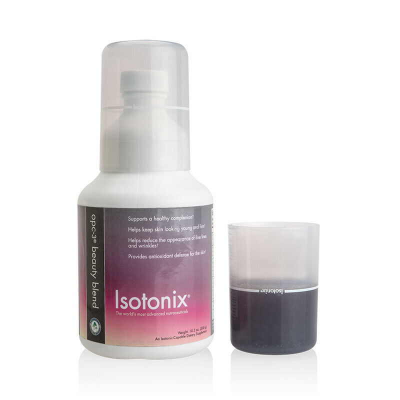Isotonic OPC-3 Beauty Blend, with liquid serving cup partially filled