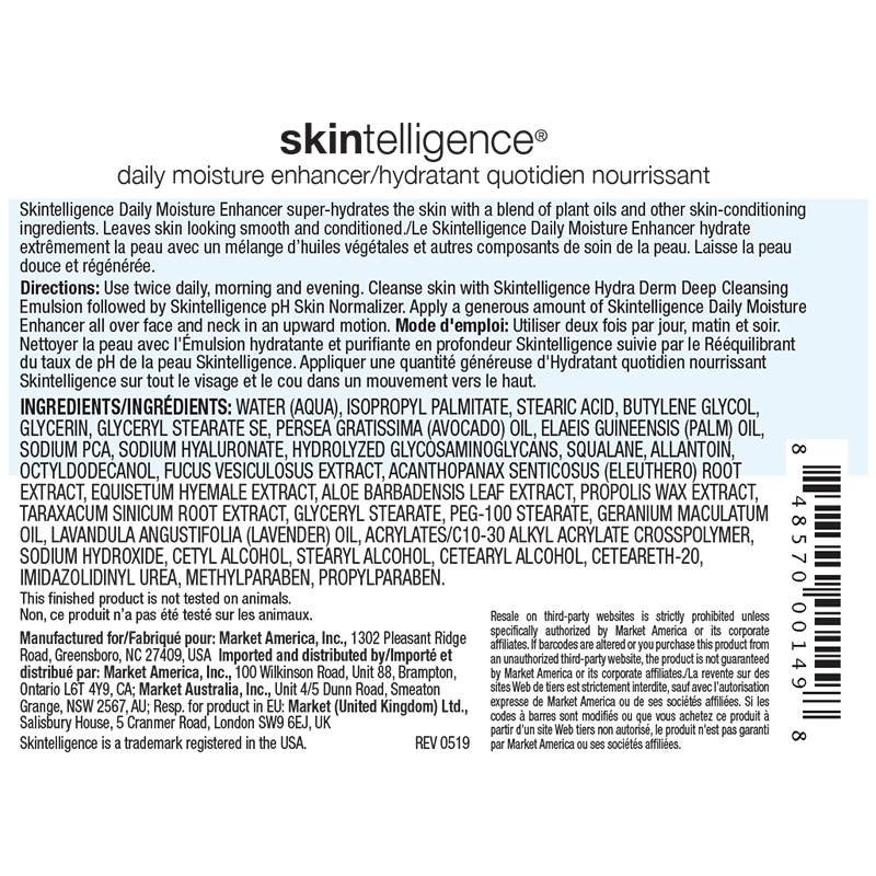 Skintelligence Daily Moisture Enhancer Product Label. See Product Label Details section further below.