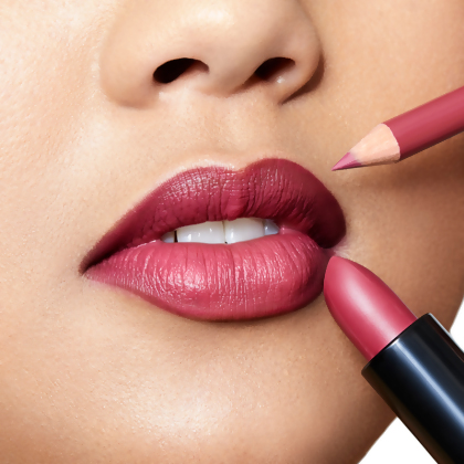 Motives Lip Kit, color Like Really Pretty, closeup on model of medium skin tone, with lipstick and lip liner showing where to apply each