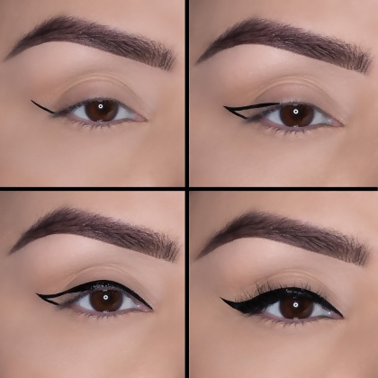Model in 4 different stages of Motives Precisely The Point Eye Line application
