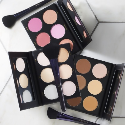 Three makeup palettes: Motives That Glow Tho Highlight Palette, Motives Get Cheeky Blush Palette and Motives Shape Up Contour Palette