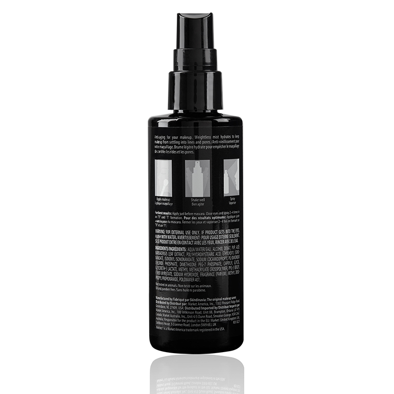 Motives 10 Years Younger Makeup Setting Spray, back of bottle. See Product Label Details section further below.