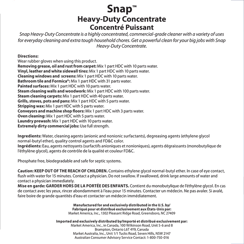Snap Heavy Duty Concentrate Product Label. See Product Label Details section further below.