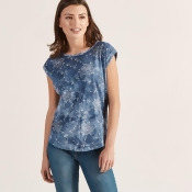 Blue Floral Tie Dye Turn Up Sleeve Top Blue Floral Tie Dye Turn Up Sleeve Top