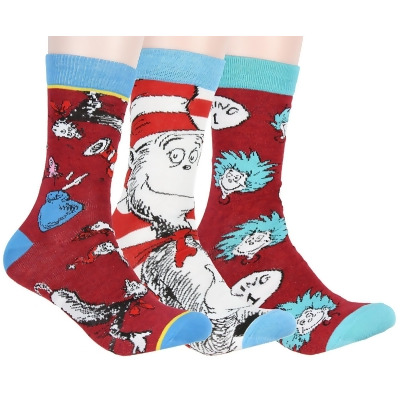 Dr. Seuss Socks Adult Cat In The Hat Thing 1 Thing 2 3 Pack Mid-Calf Crew Socks 