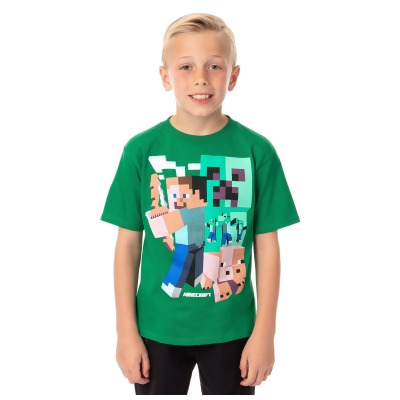 Minecraft Big Boy's T-Shirt Steve Pickaxe Pig Zombies Graphic Green 