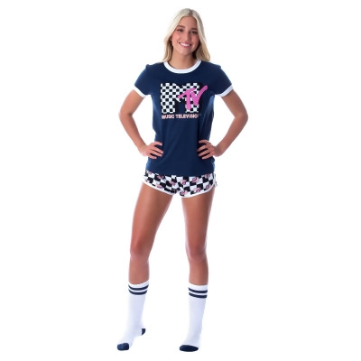 MTV Women's 3 Piece Lounge Wear Pajama Set (Boxer Shorts, Shirt, Socks) 