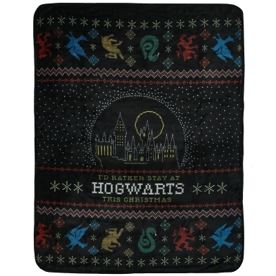 Harry Potter I'd Rather Stay At Hogwarts Holiday Plush Throw Blanket 46' x 60' 
