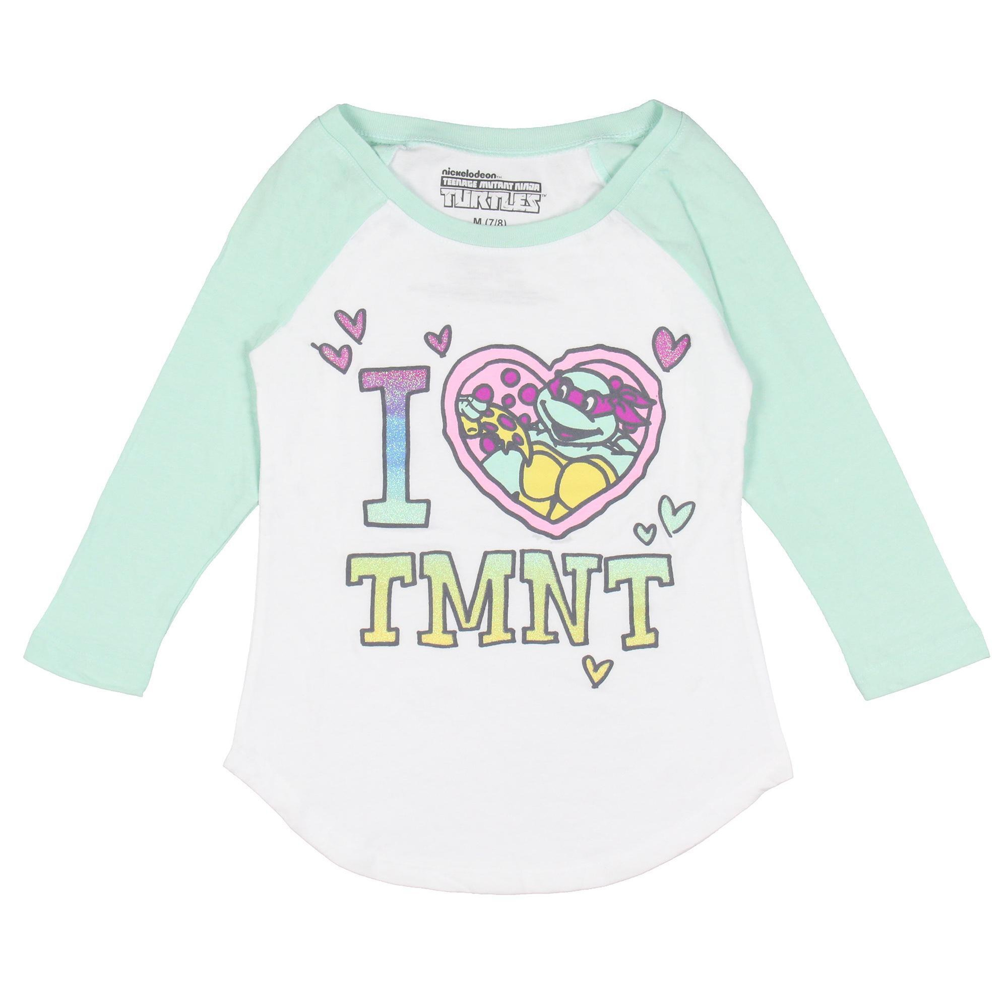 Teenage Mutant Ninja Turtles Girls' I Love TMNT Kids Raglan Tee Shirt (Medium, 7/8) White